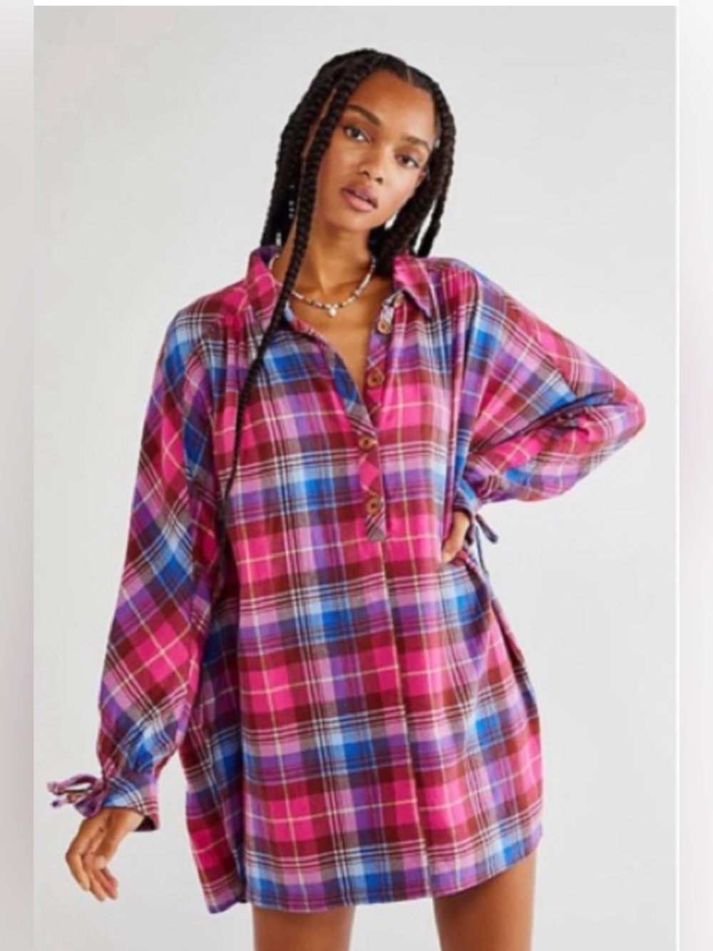 NWOT Free People 'Zoey' Pink Plaid Mini Dress Size M NEW!